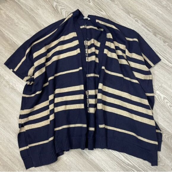 GAP Poncho Sweater Navy Blue Tan Wool Camel Hair Open Front Cardigan One Size - Picture 5 of 7